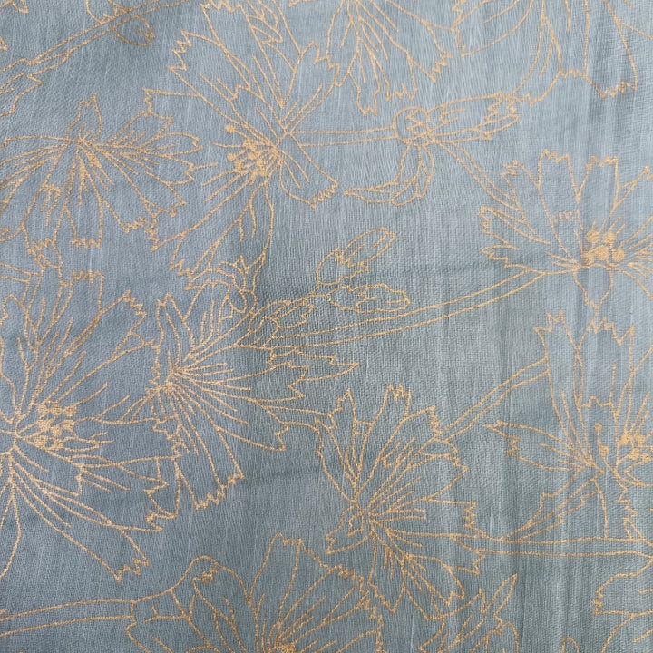 Light Blue Color Floral Foil Printed Linen Fabric