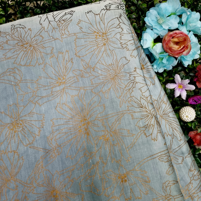 Light Blue Color Floral Foil Printed Linen Fabric