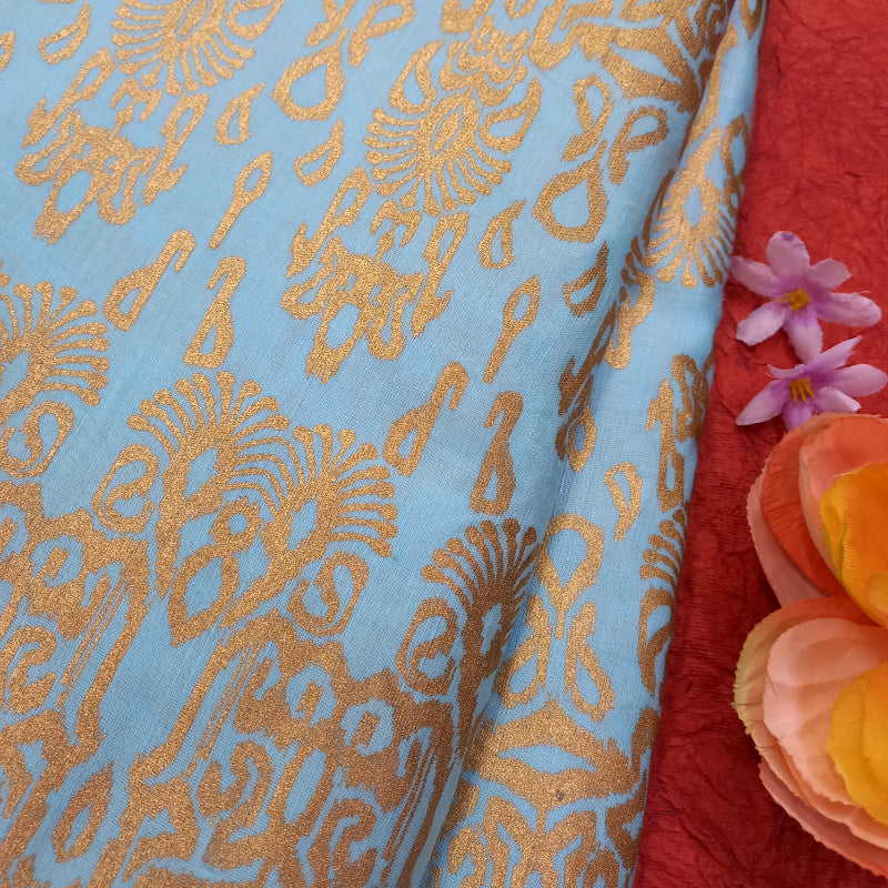 Blue Color Printed Linen Fabric