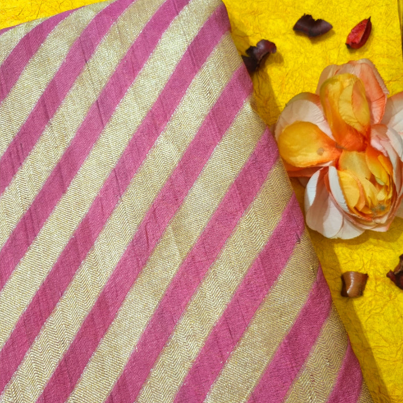 Blush Gulab Pink And Gold Striped Brocade Silk Fabric