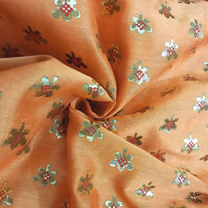Persian Orange Color Foil Printed Chanderi Fabric