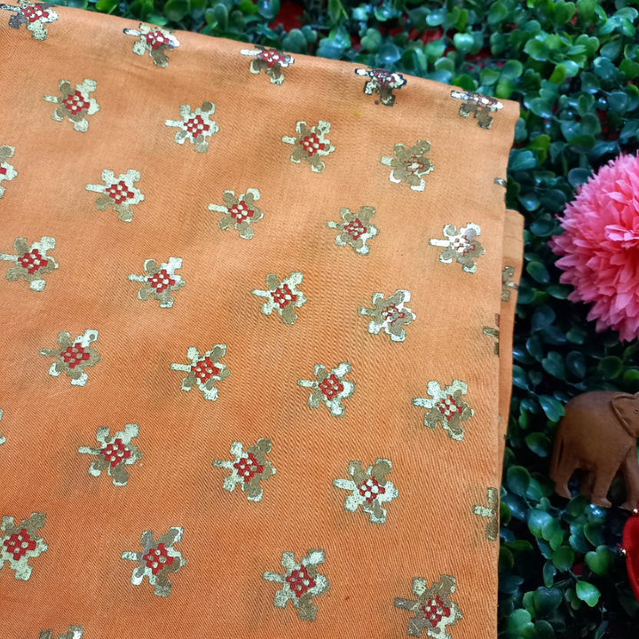 Persian Orange Color Foil Printed Chanderi Fabric