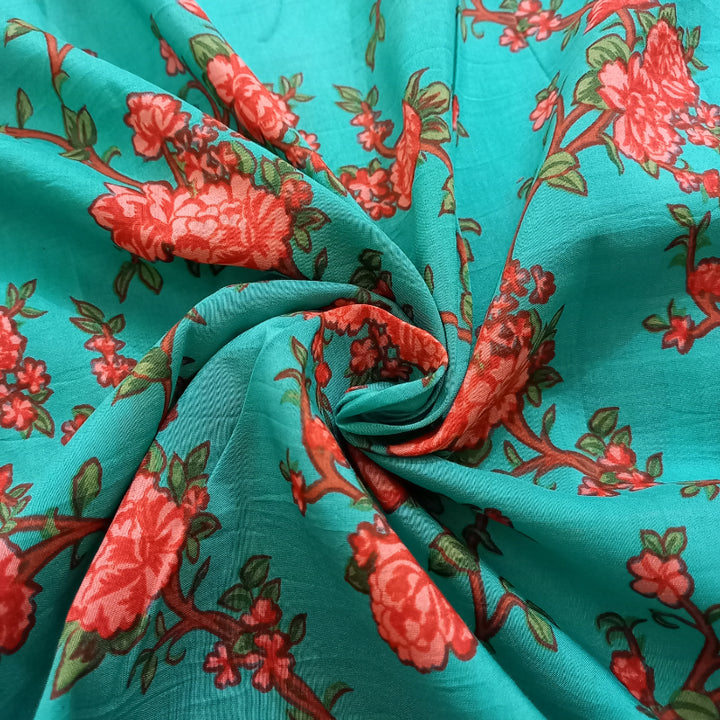 Turquoise Blue Color Floral Printed Cotton Fabric