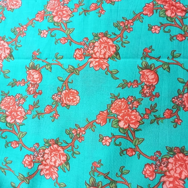 Turquoise Blue Color Floral Printed Cotton Fabric
