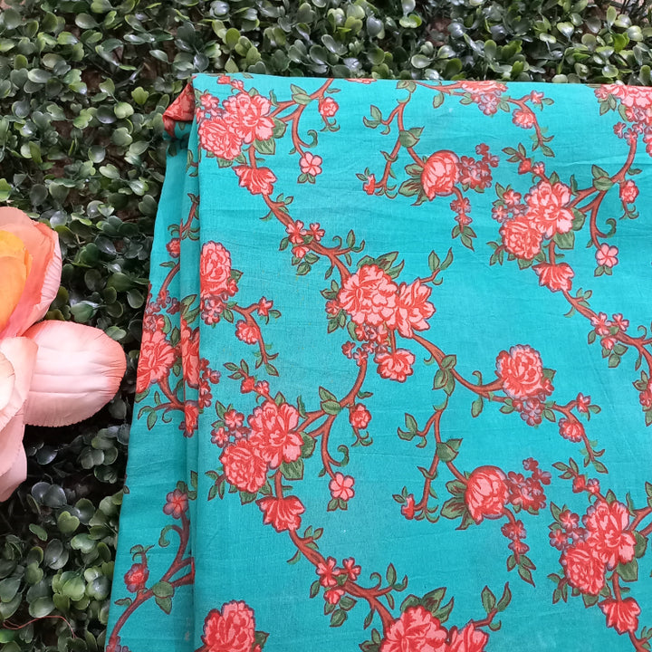 Turquoise Blue Color Floral Printed Cotton Fabric