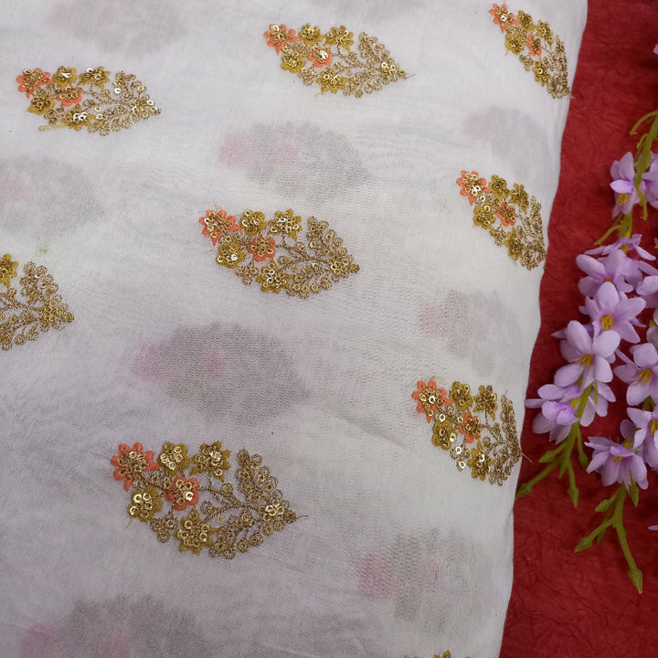 Daisy White Colour Chanderi Fabric With Floral Motifs
