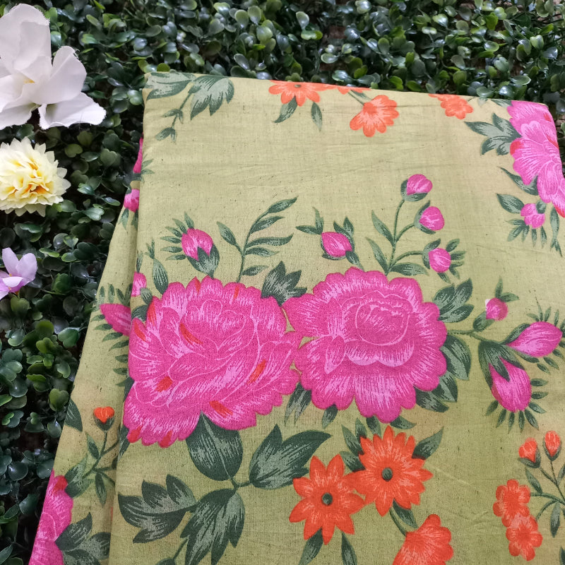 Pista Green Color Floral Printed Cotton Fabric