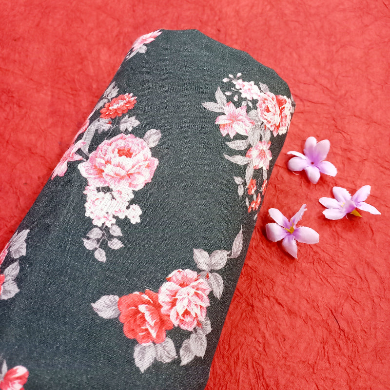 Black Color Floral Printed Linen Fabric