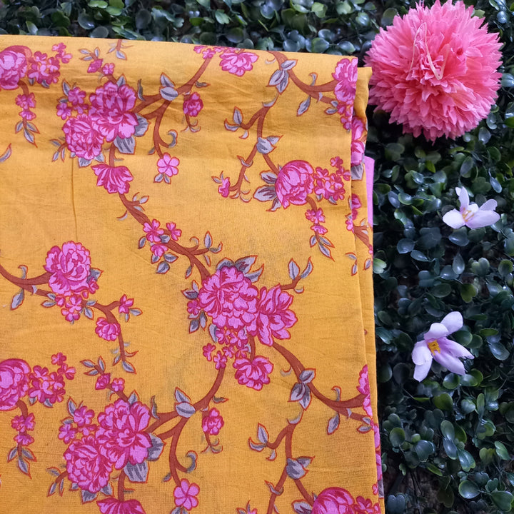 Fire Orange Color Floral Printed Cotton Fabric