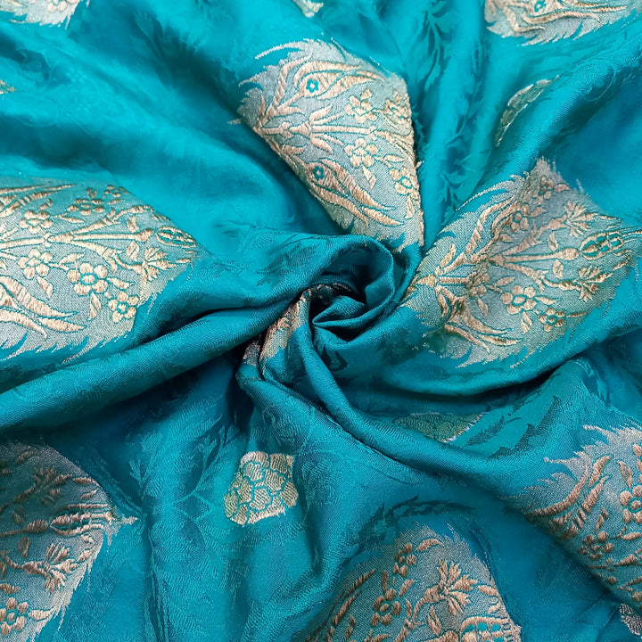 Teal Green Color Floral Motifs Jamawar Silk Fabric