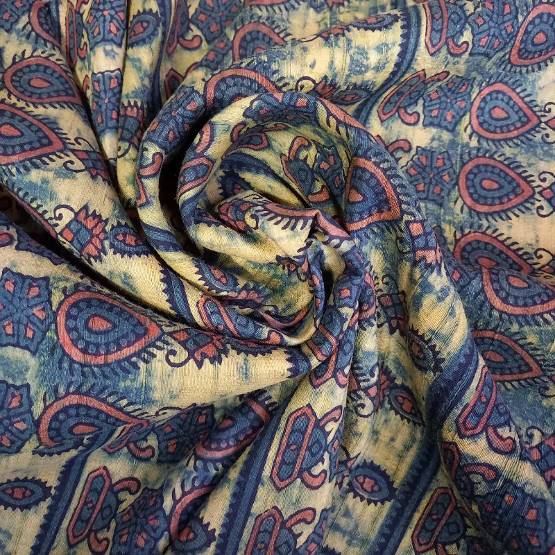 Pale Yellow And Blue Screen Printed Dupion Silk Fabric