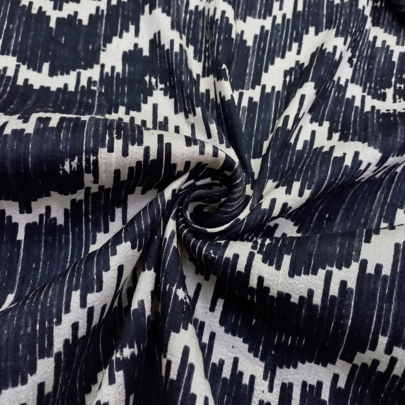 Navy Blue Color Abstract Printed Dupion Silk Fabric
