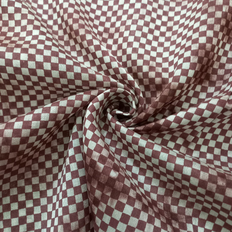 Coffee Brown Color Checks Printed Cotton Satin Fabric