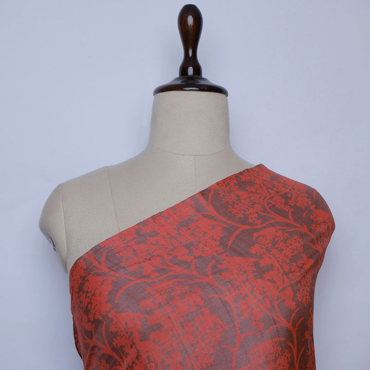 Orange Color Tussar Fabric With Floral Motif Pattern