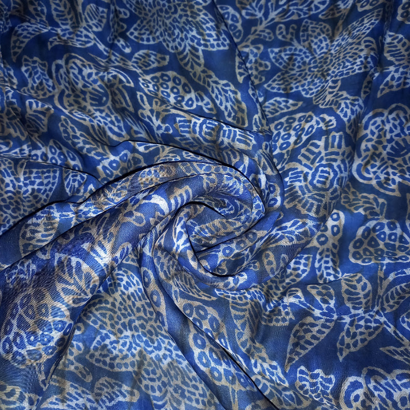 Navy Blue Color Floral Printed Satin Silk Fabric
