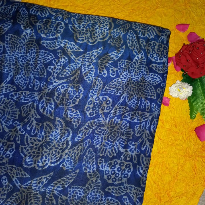 Navy Blue Color Floral Printed Satin Silk Fabric