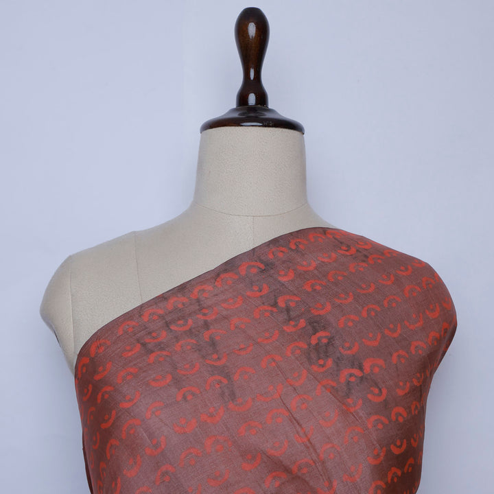 Earthy Brown Color Tussar Fabric With Batik Print