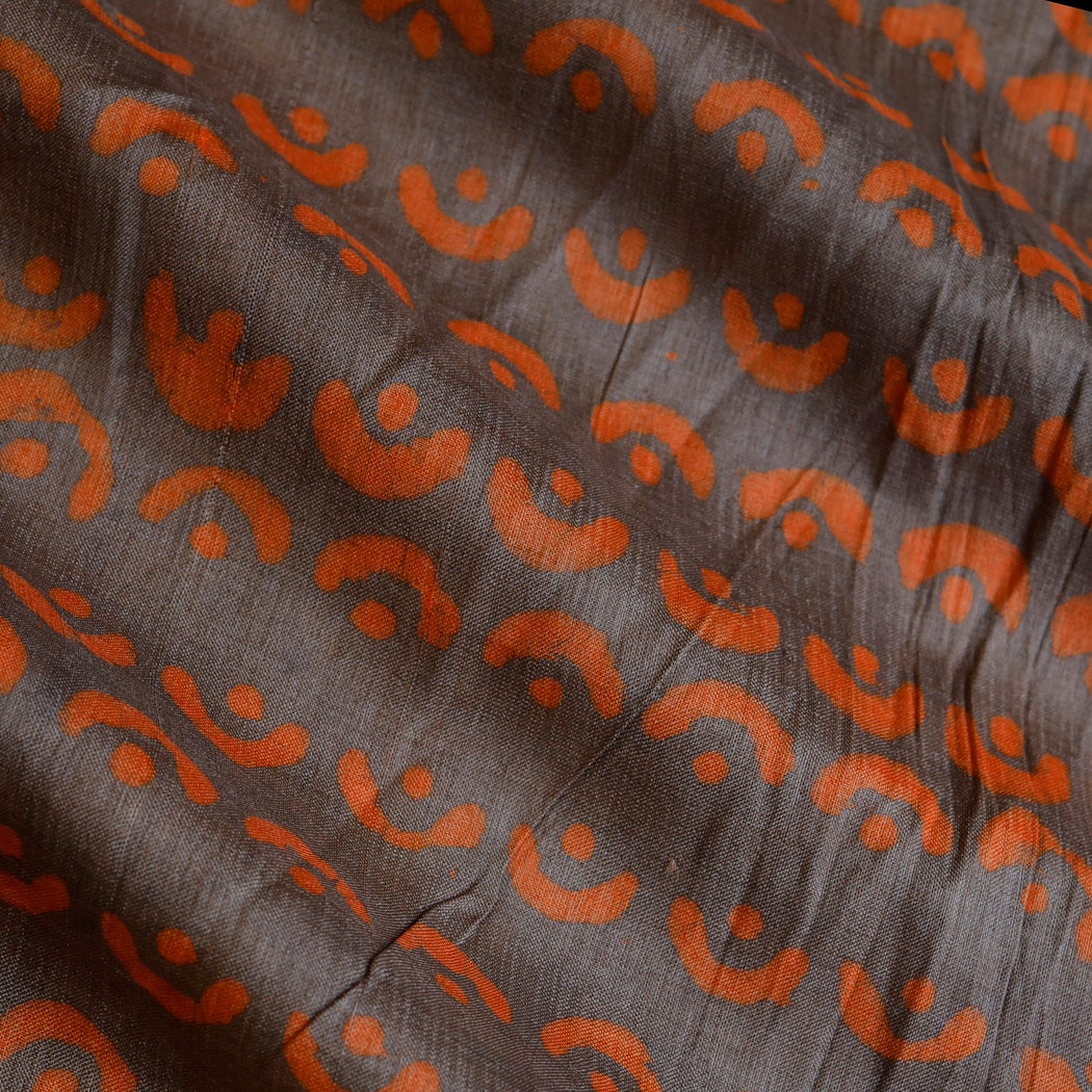 Lead Grey Color Tussar Fabric With Batik Print