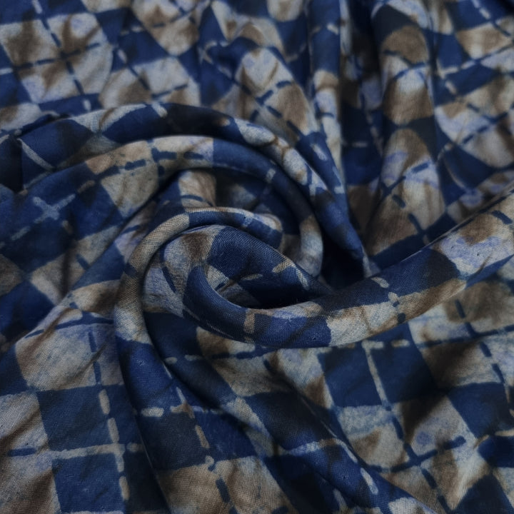 Navy Blue Color Checks With Shibori Printed Satin Silk Fabric