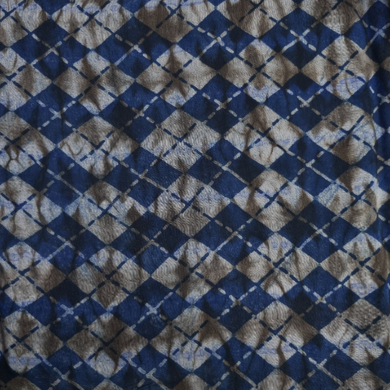 Navy Blue Color Checks With Shibori Printed Satin Silk Fabric