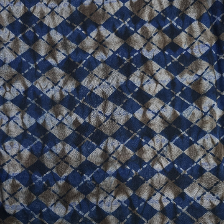 Navy Blue Color Checks With Shibori Printed Satin Silk Fabric