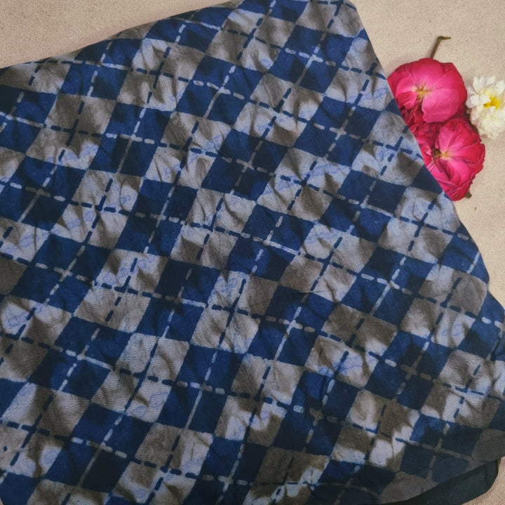 Navy Blue Color Checks With Shibori Printed Satin Silk Fabric