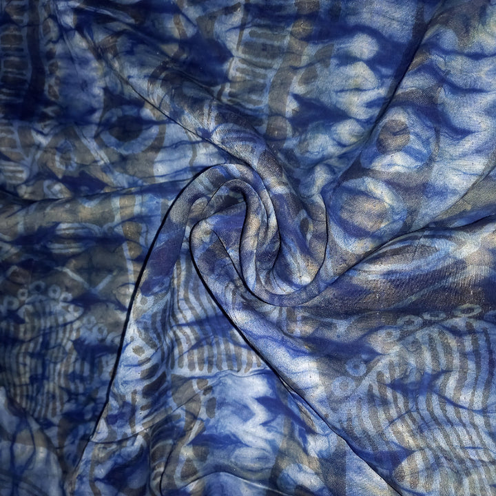 Navy Blue Color Shibori Printed Satin Silk Fabric