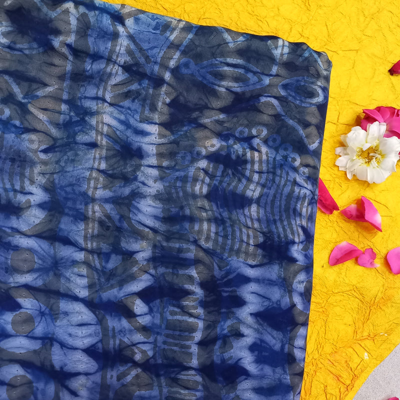 Navy Blue Color Shibori Printed Satin Silk Fabric