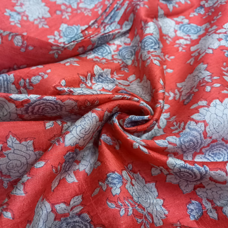 Red Color Floral Printed Dupion Silk Fabric