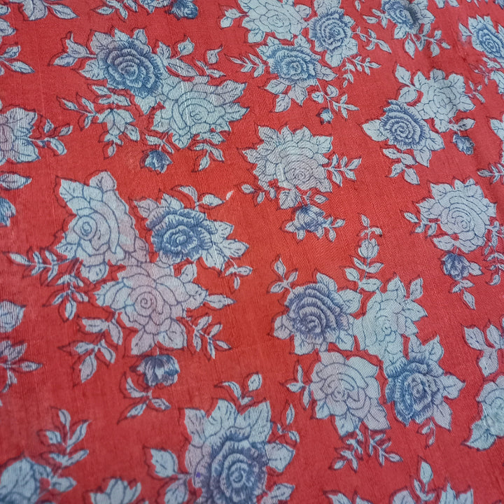 Red Color Floral Printed Dupion Silk Fabric