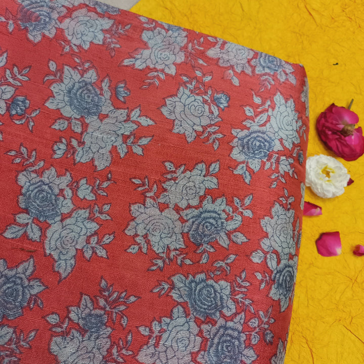 Red Color Floral Printed Dupion Silk Fabric