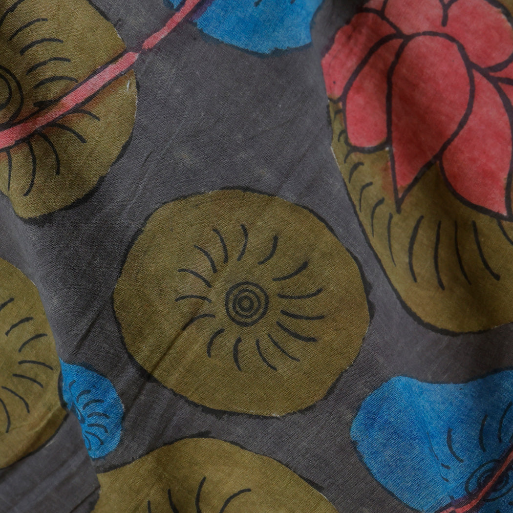 Earthy Gray Color Dupion Silk Fabric With Floral Motif Pattern