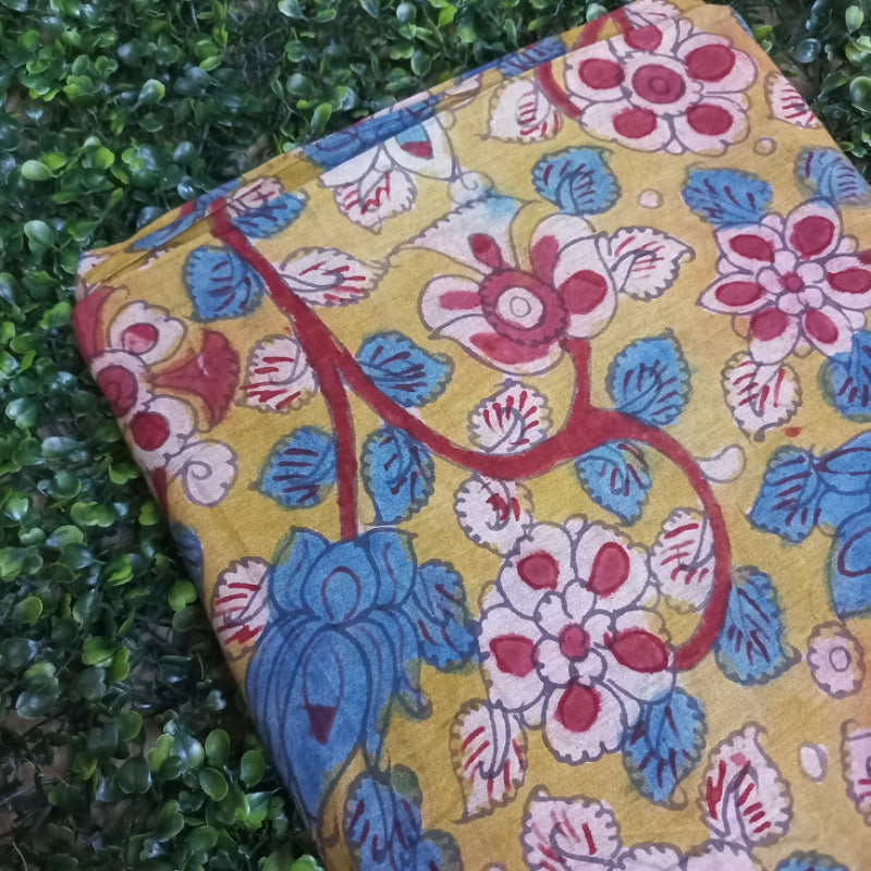 Earthy Yellow Colour Cotton Kalamkari Fabric
