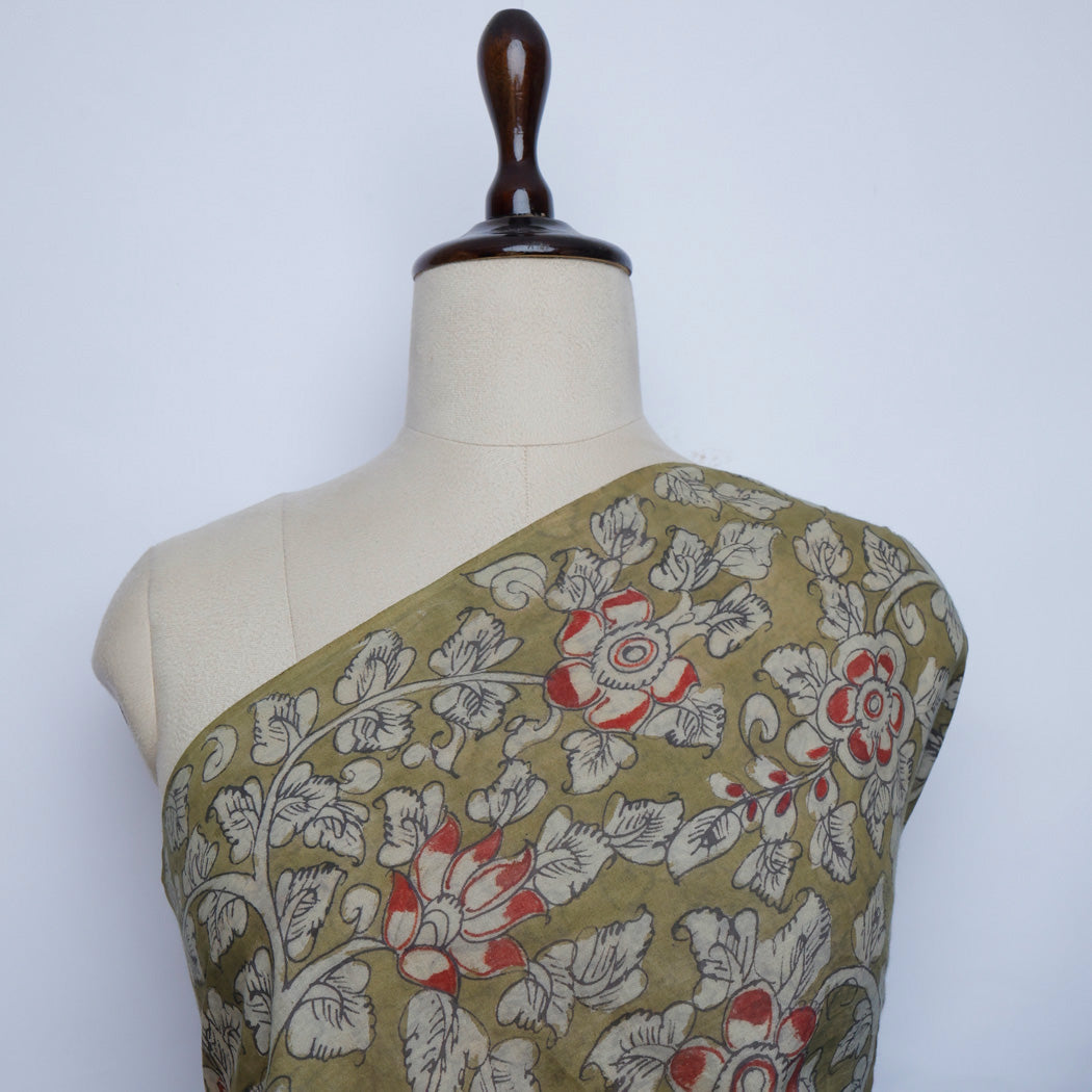 Moss Green Color Dupion Silk Fabric With Floral Pattern