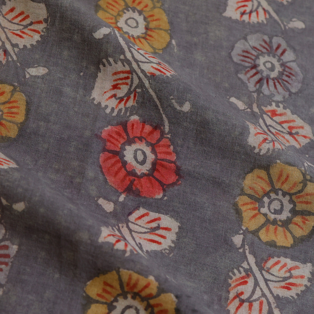 Earthy Gray Color Dupion Silk Fabric With Floral Pattern