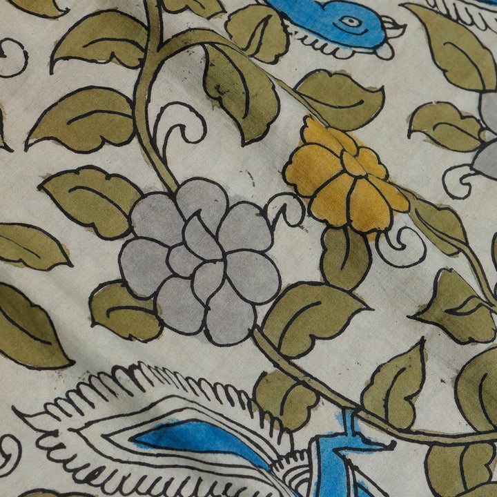 Pearl White Color Dupion Silk Fabric With Kalamkari Floral Pattern