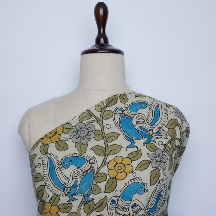 Pearl White Color Dupion Silk Fabric With Kalamkari Floral Pattern