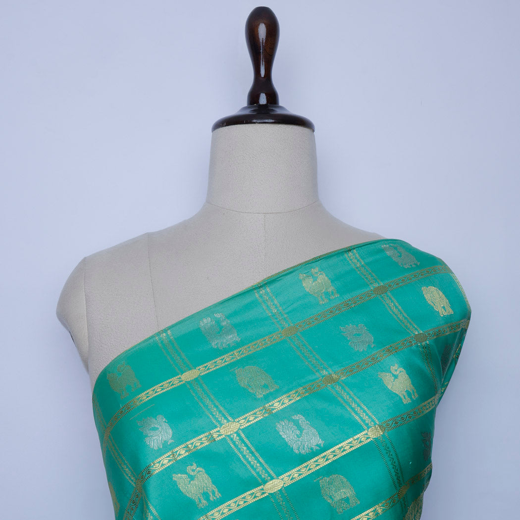 Seafoam Green Color Silk Fabric With Bird Motifs In Checks Pattern