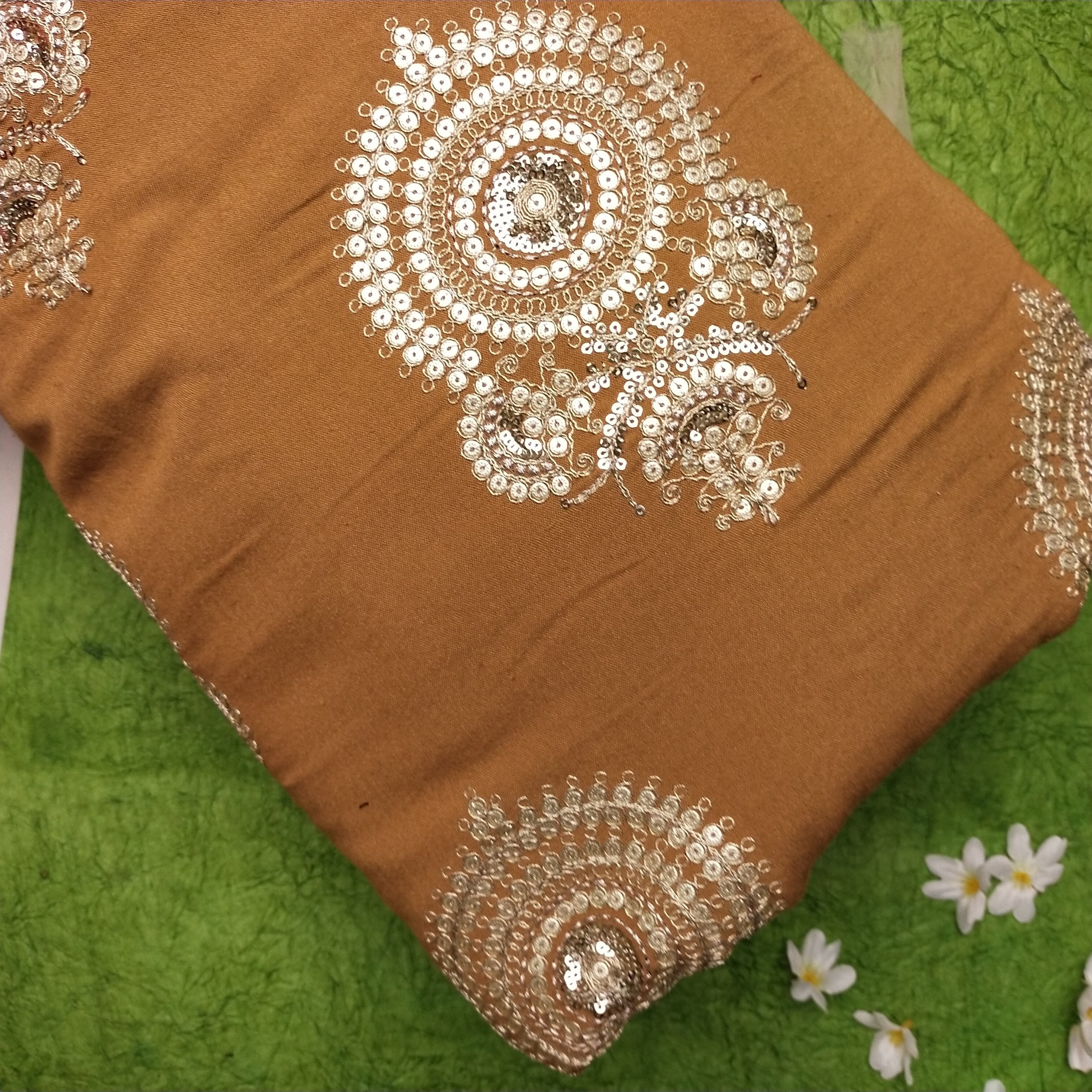 Ochre Yellow Tussar Embroidery Fabric