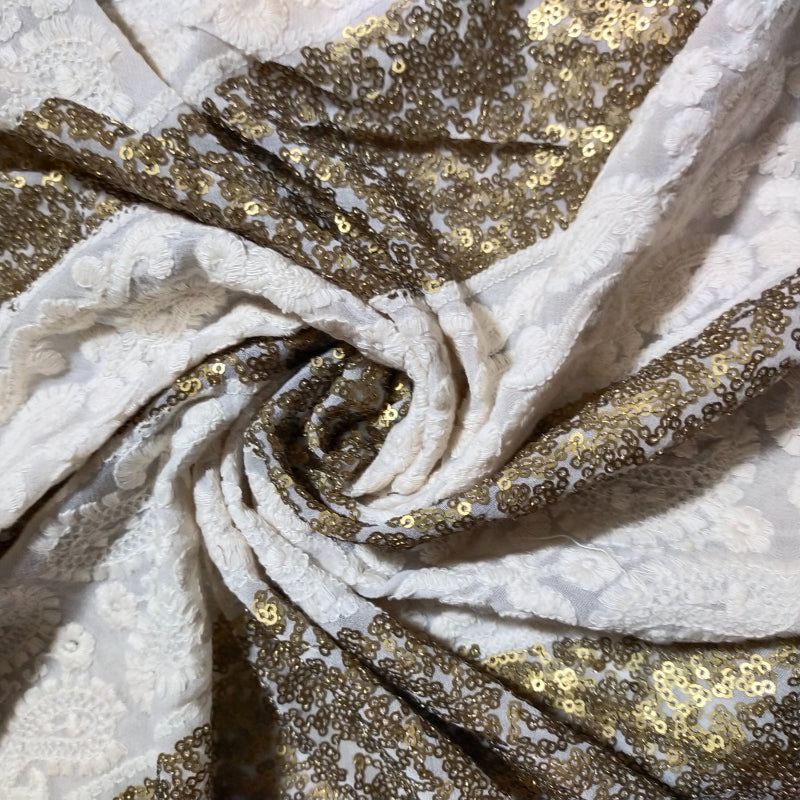 Off White With Golden Sequins Embroidery Georgette Fabric