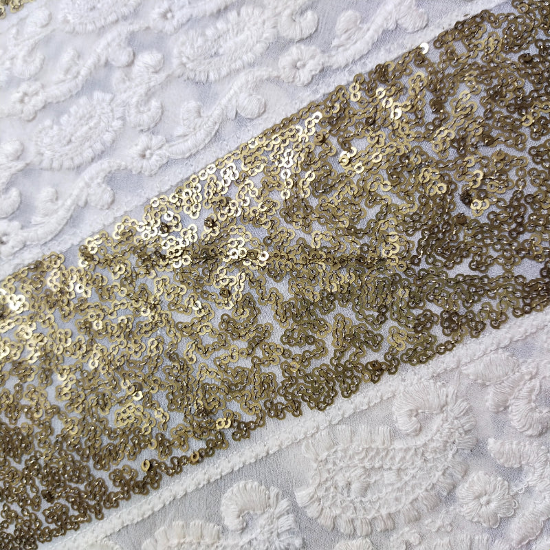 Off White With Golden Sequins Embroidery Georgette Fabric
