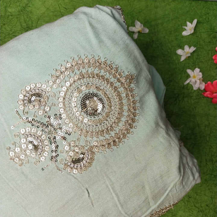 Mint Green Tussar Embroidery Fabric