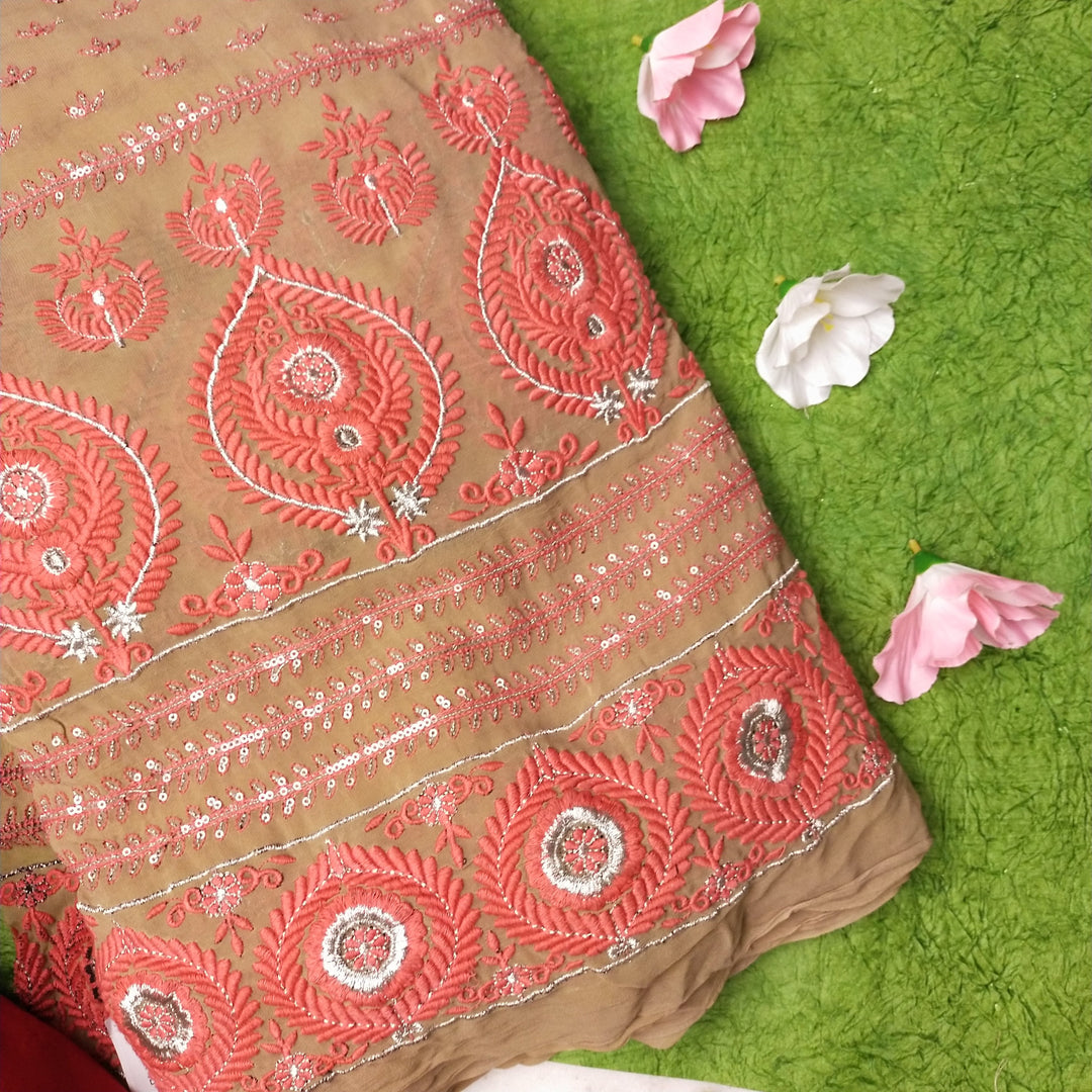 Brown Georgette Embroidery Fabric