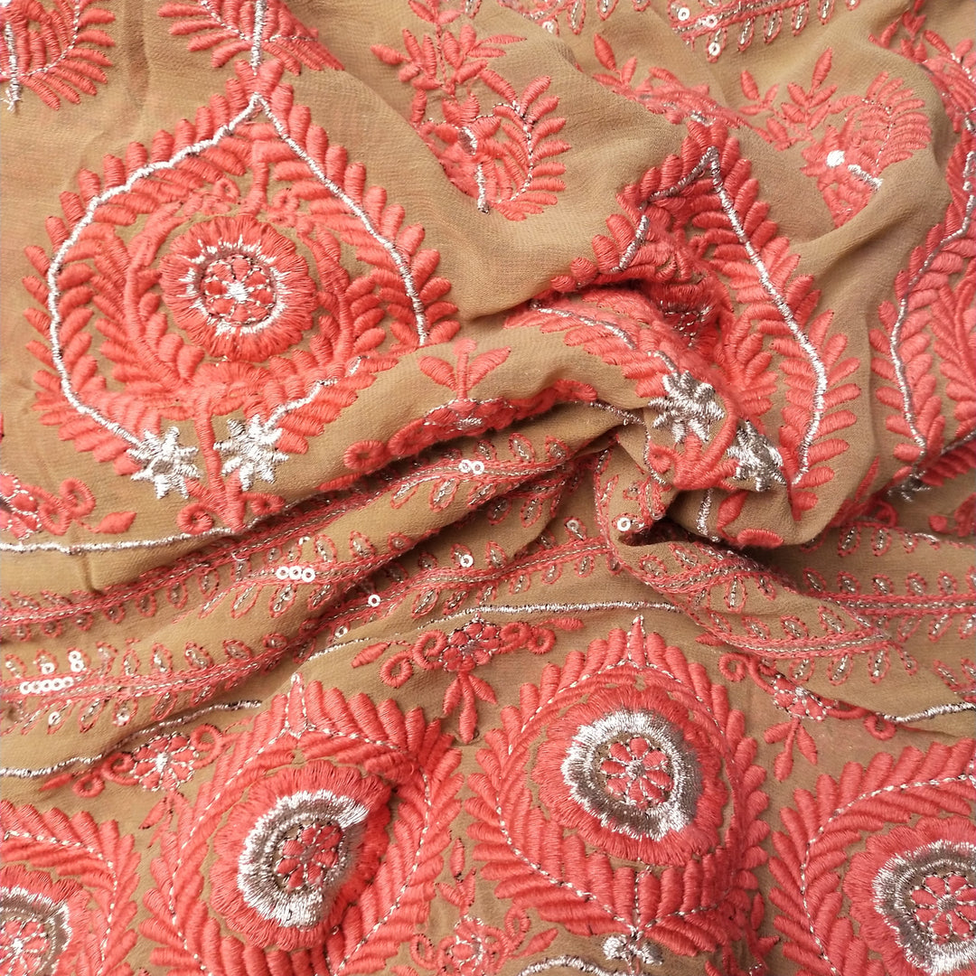 Brown Georgette Embroidery Fabric