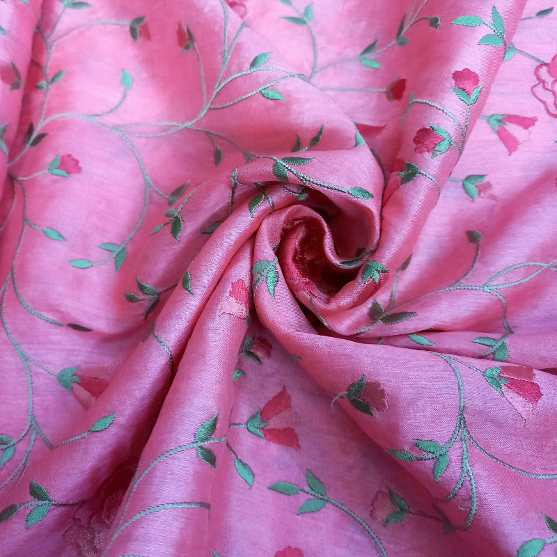 Bubblegum Pink Colour Tussar Fabric With Floral Embroidery
