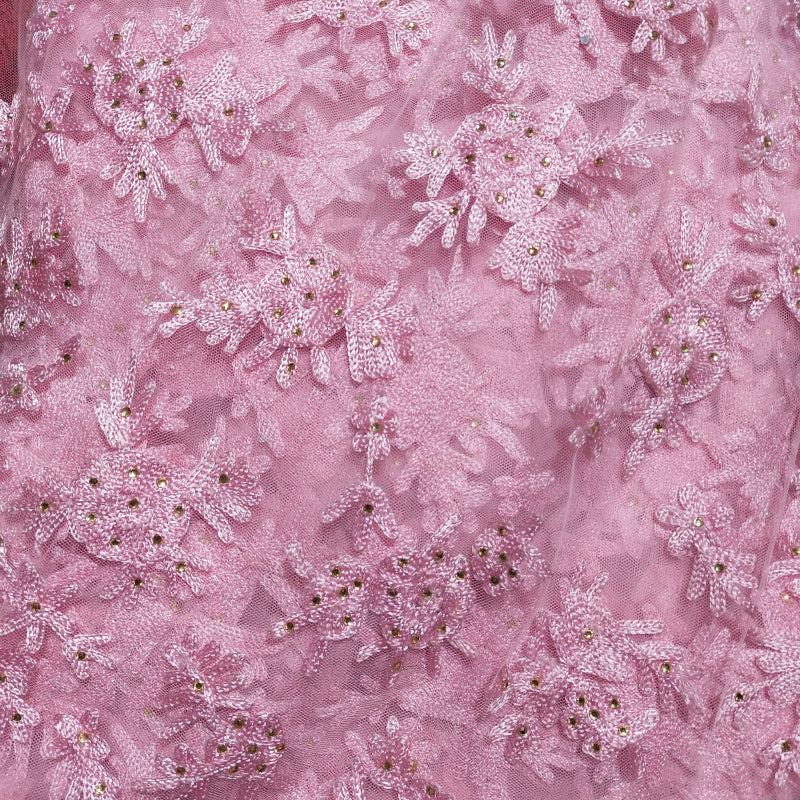 Bubble Gum Pink Floral Thread Embroidery Net Fabric