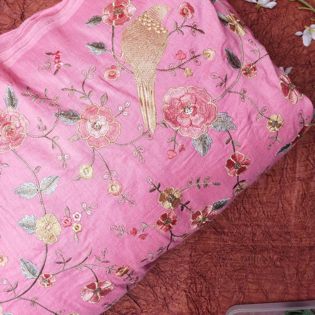 Rose Pink Tussar Embroidery Fabric