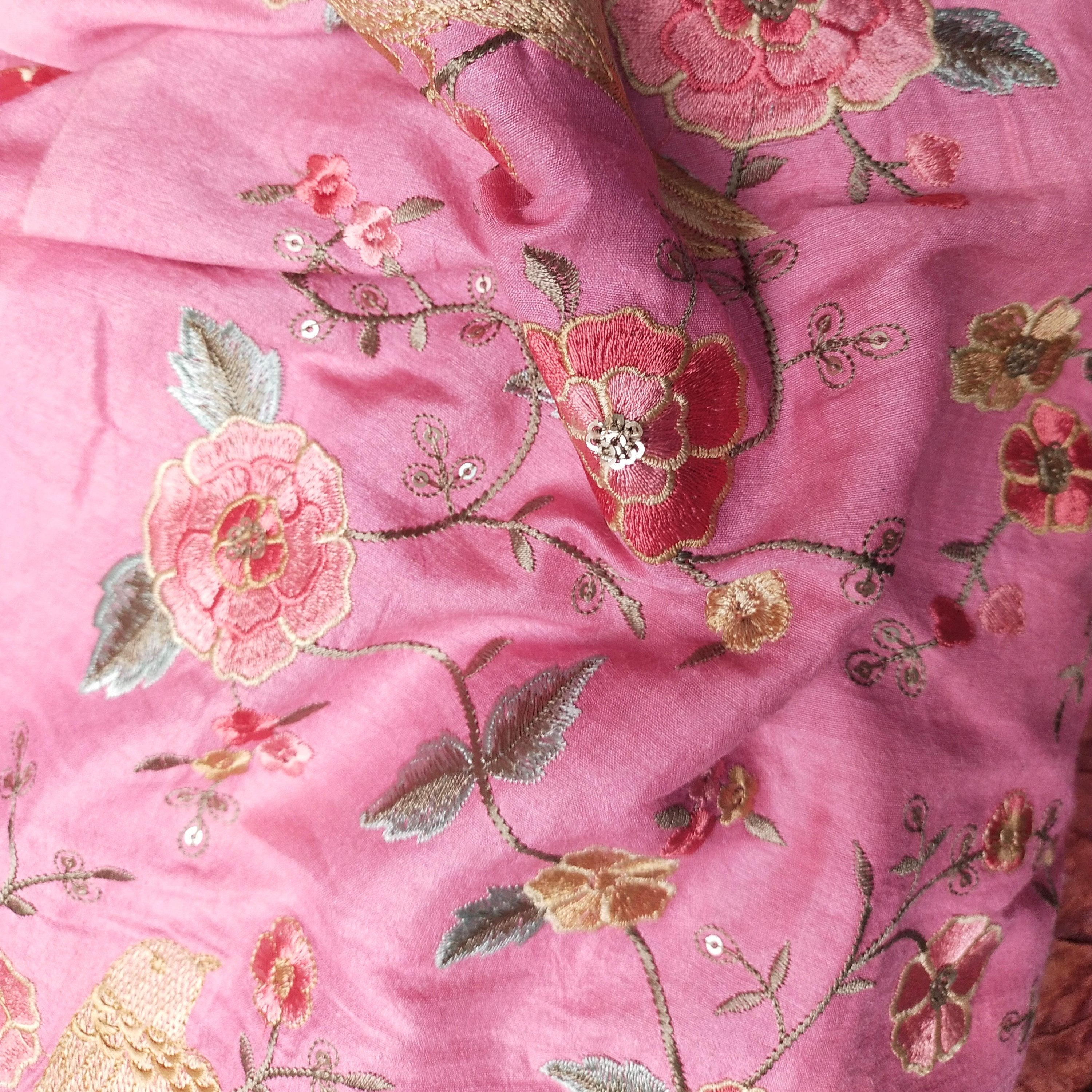 Rose Pink Tussar Embroidery Fabric