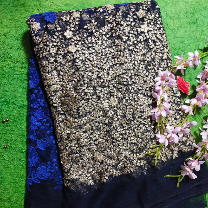 Black All Over Thread Embroidery Net Fabric