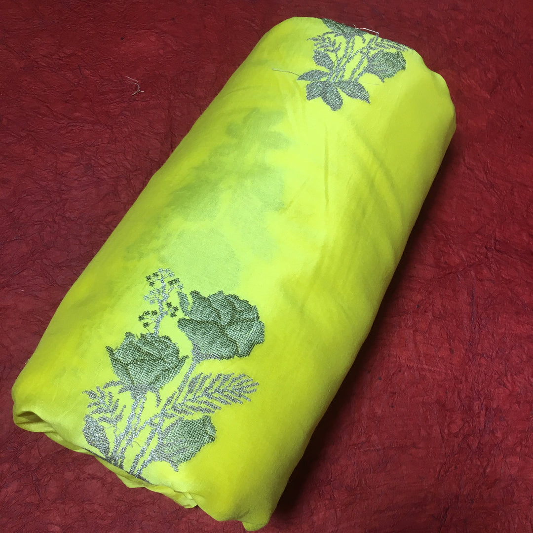 Lemon Yellow Chanderi Emboidery Fabric